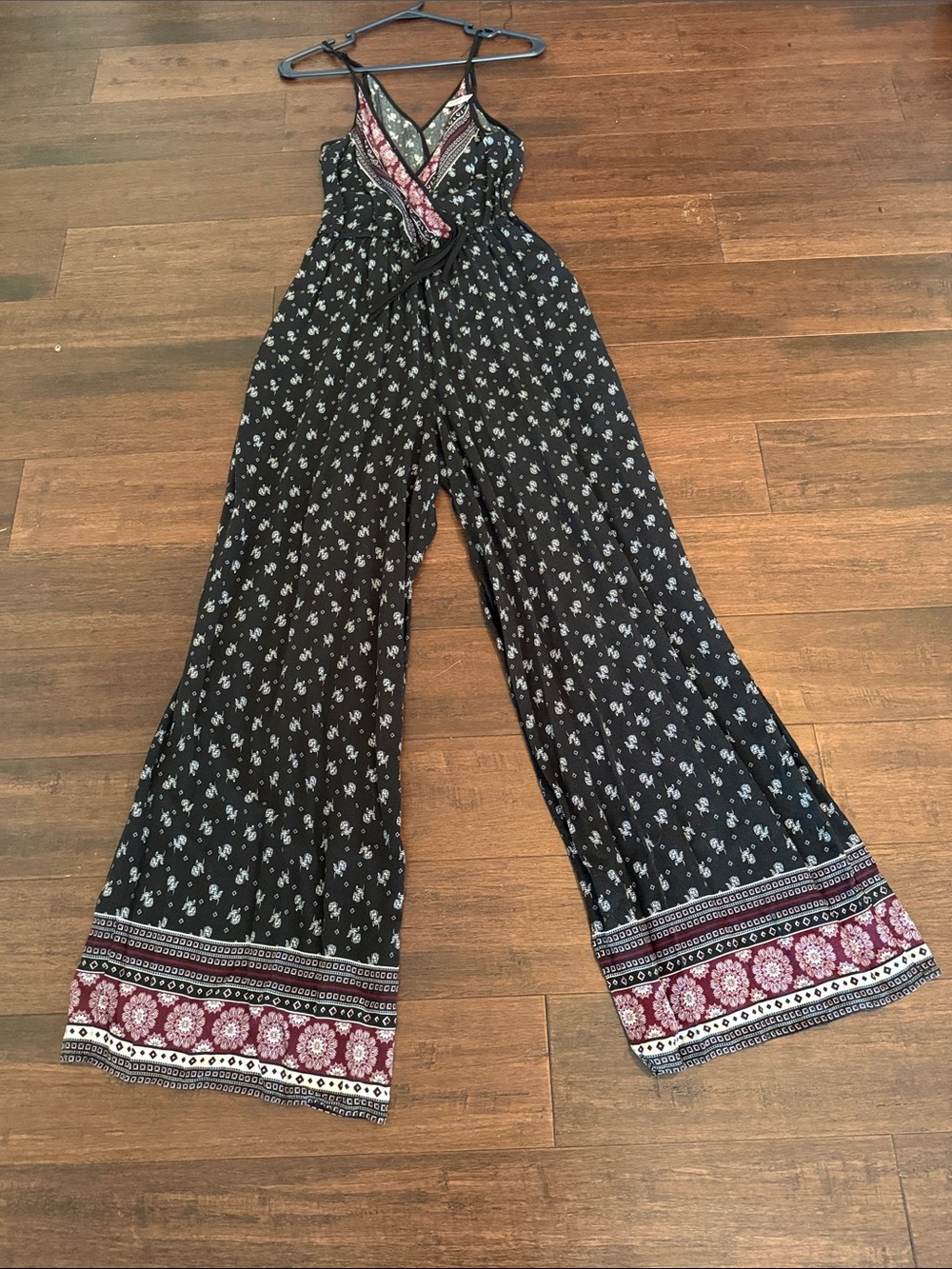 Xhilaration Black Floral Wide-Leg Jumpsuit with Burgundy Border